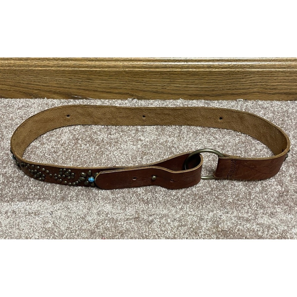 Southwestern Leather Handmade Brown Belt With Brass Turquoise Hardware 40"